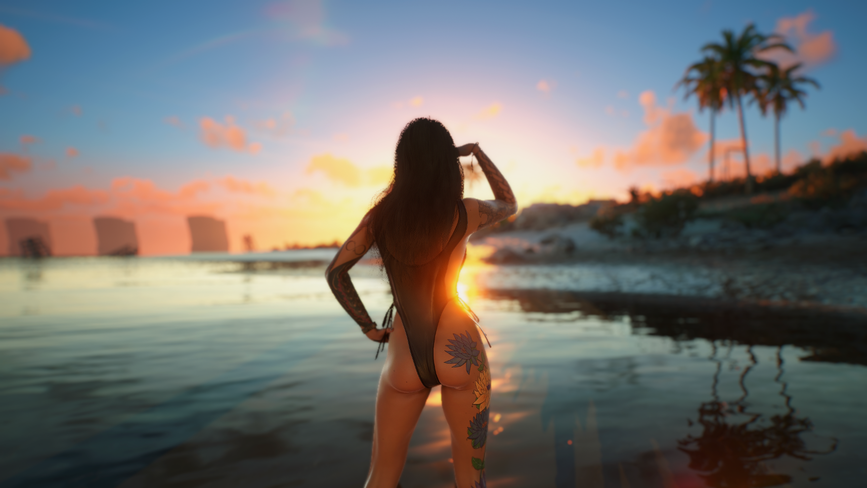 Super_model Ви во время заката на диком пляже.